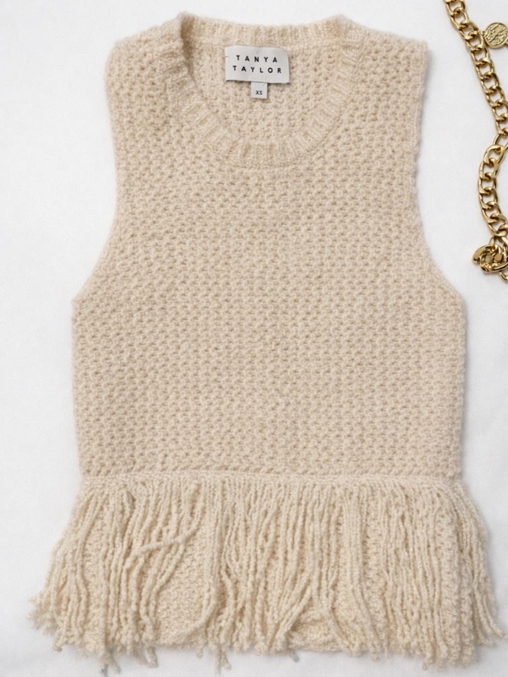 Tanya Taylor Cream Fringe Crewneck Sleeveless Knit Top